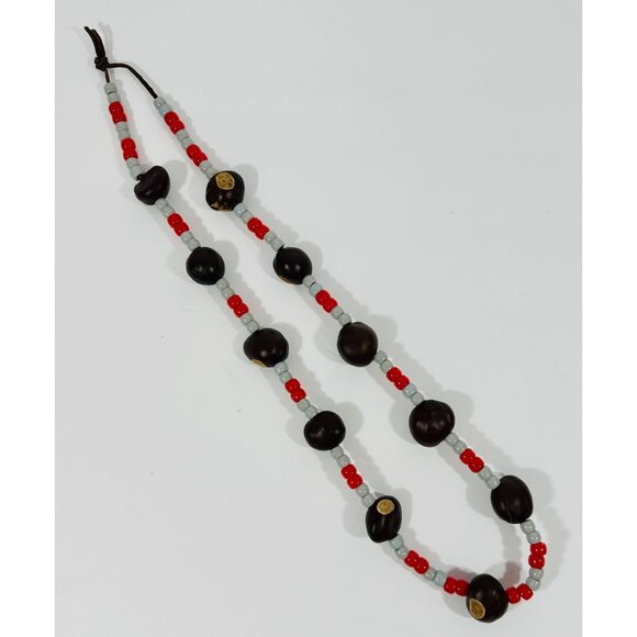 Handmade Buckeye Nut Necklace With Red & Gray Beads For Sports Fans Ohio State E - Picture 2 of 11